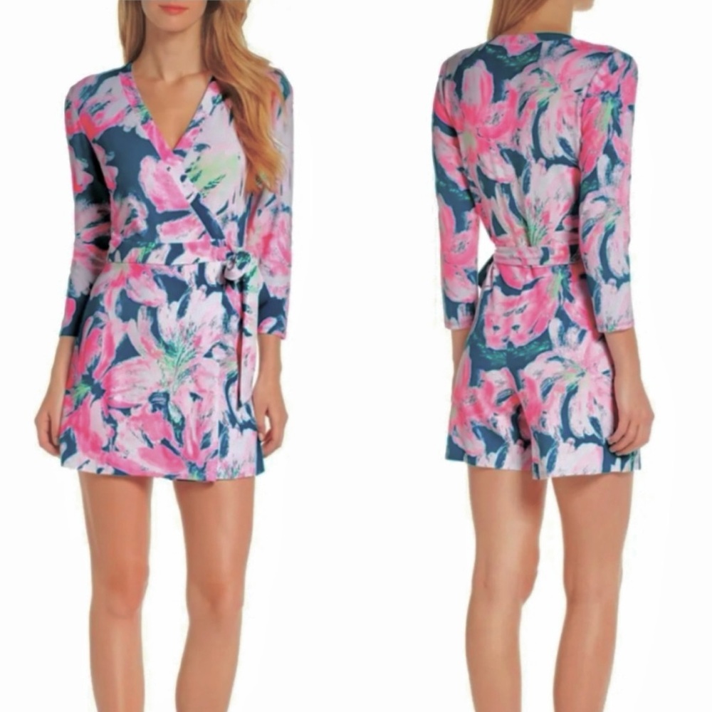 Lilly Pulitzer Pink and Blue Floral Karlie Wrap Romper Small